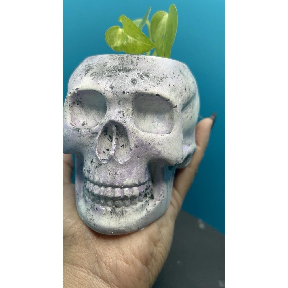 Skull Concrete Planter Lilac – Handmade Cement Succulent Plant Pot, Handmade - Picture 7 of 9